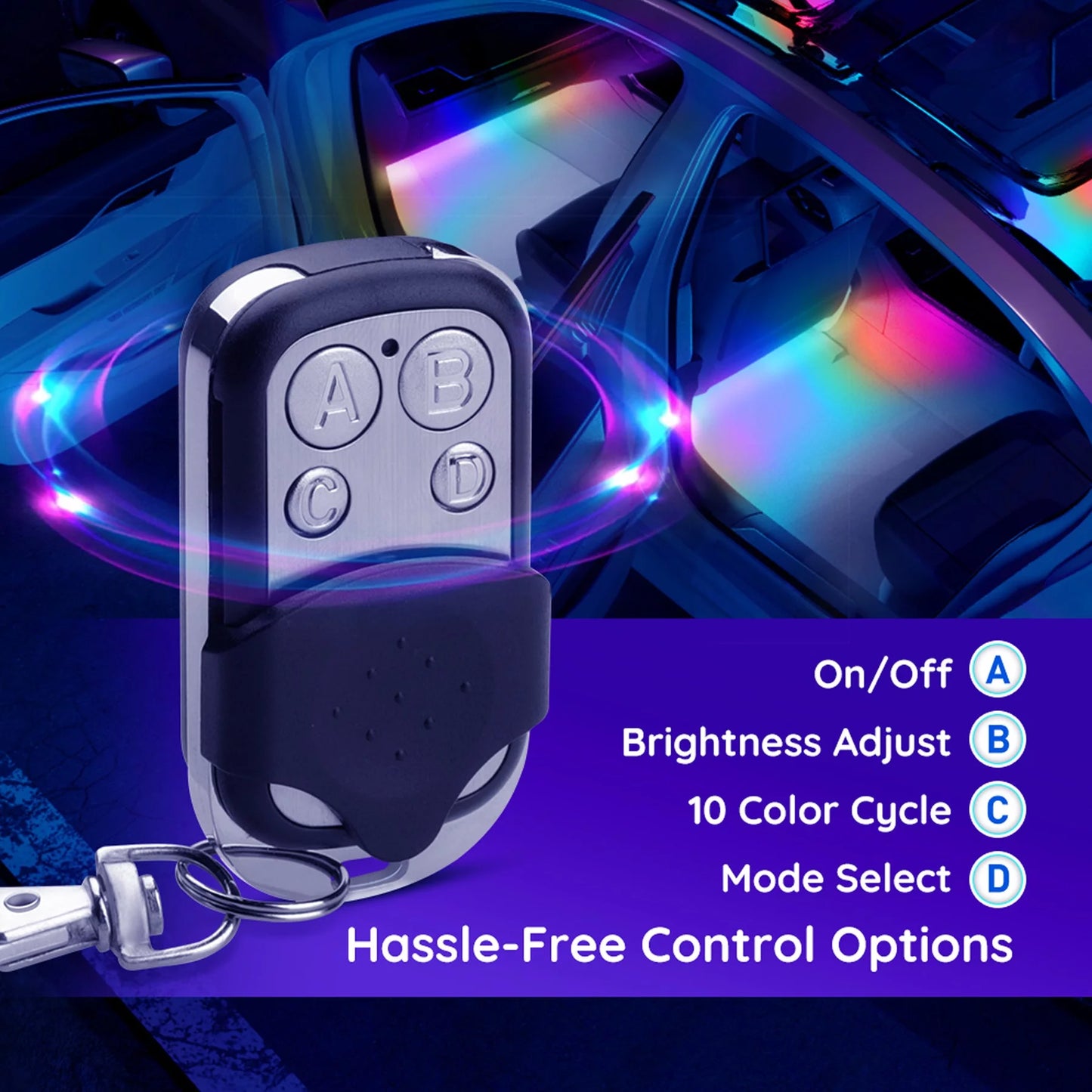 RGBIC LED Car Lights with App & Remote, Music Sync, 16M Colors, Silicone Coating.