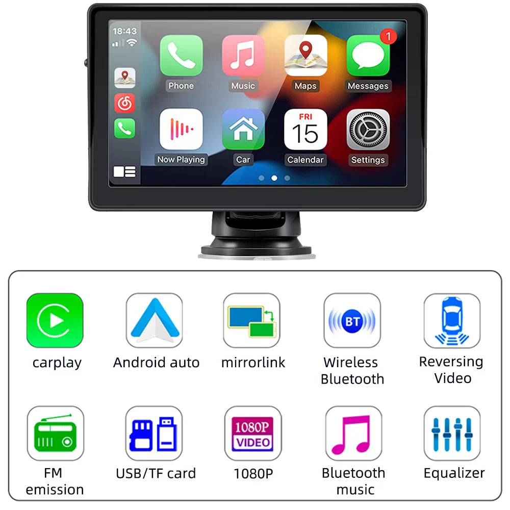 2024 Portable Car Radio with Apple CarPlay & Android Auto, 7" Wireless Stereo with Bluetooth, Touchscreen, and Windshield Mount.