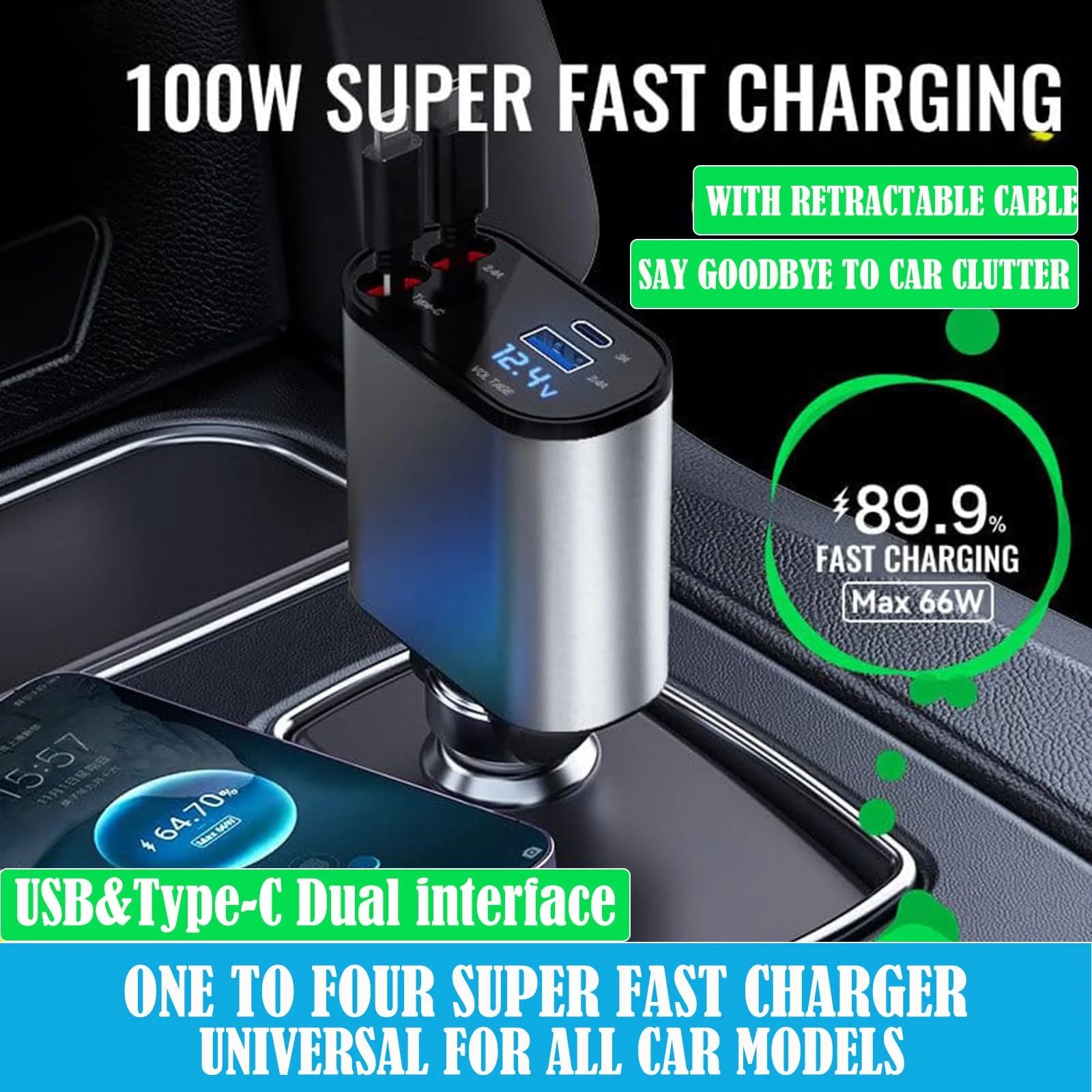 4-in-1 Retractable USB-C Car Charger, 100W Fast Charging Dual Port PD & QC Adapter with 2.6ft Built-In Cable, compatible with iPhone and Android.