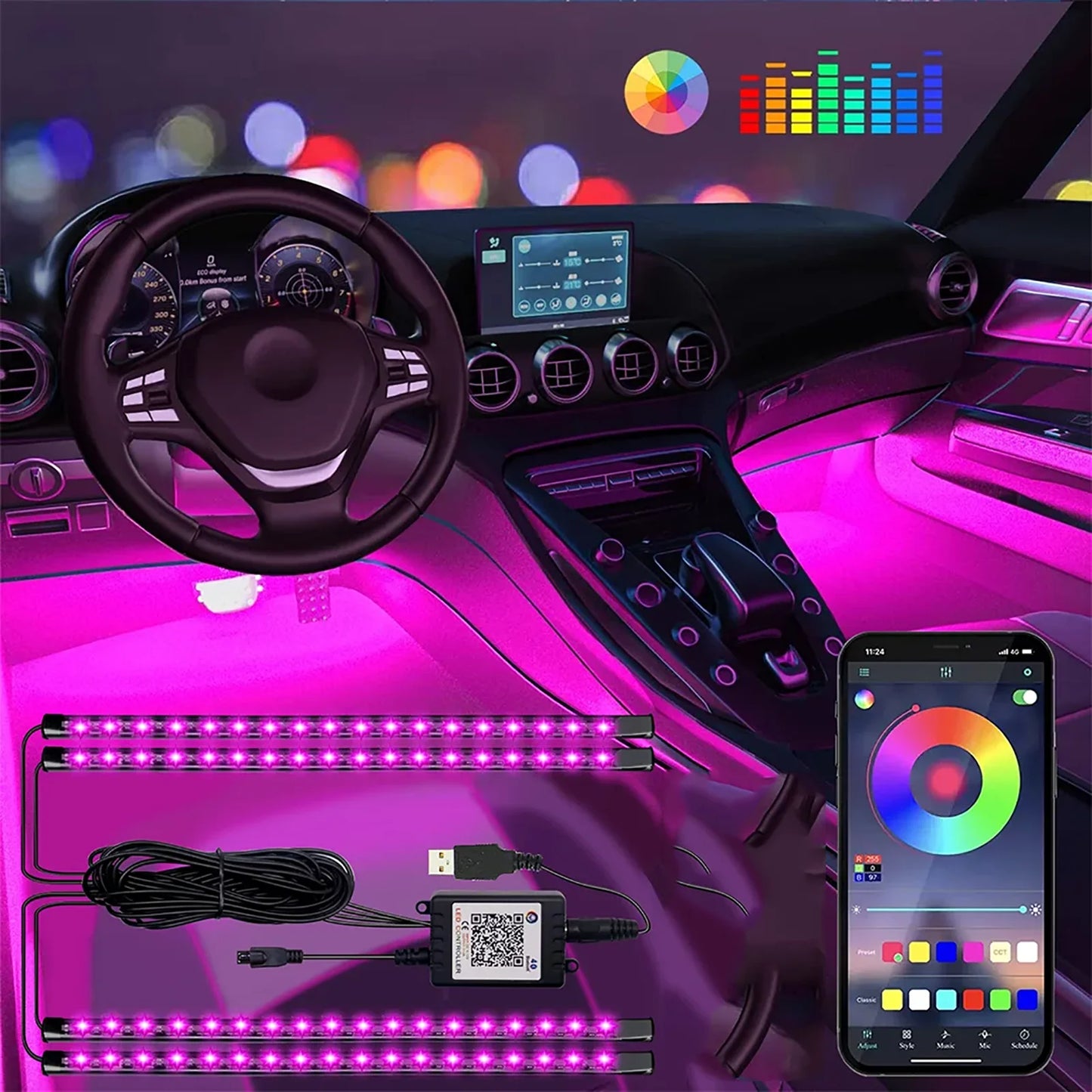   RGB LED Car Interior Lights with APP Control & Music Sync