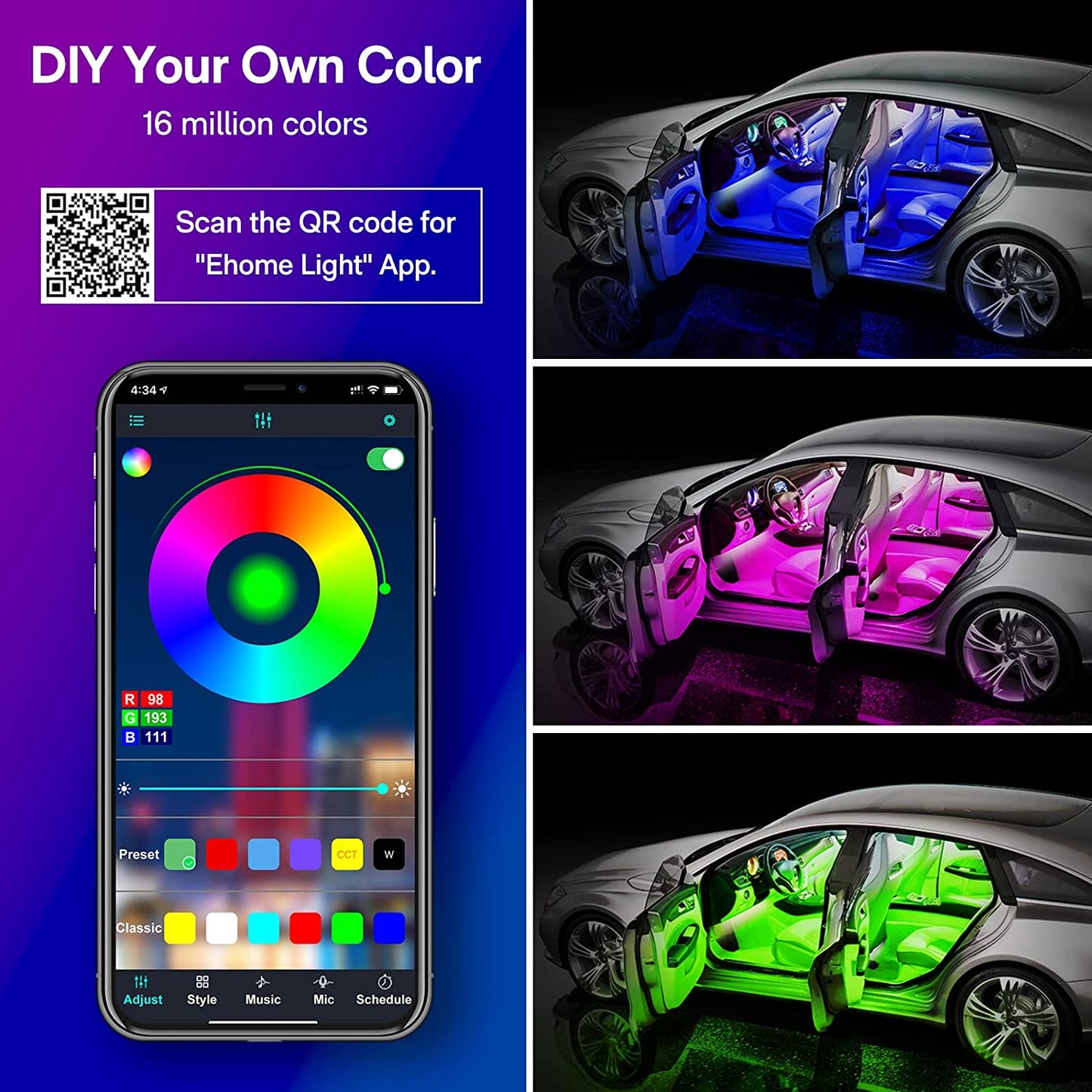 LED Lights for Car,  Car LED Lights Car Accessories, App Control with Remote, Music Sync Interior Car Lights, DIY, under Dash RGB LED Strip Lights for Car, Truck (12V DC with Charger).