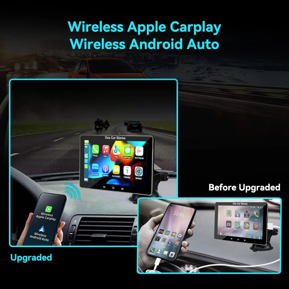 2024 Portable Car Radio with Apple CarPlay & Android Auto, 7" Wireless Stereo with Bluetooth, Touchscreen, and Windshield Mount.