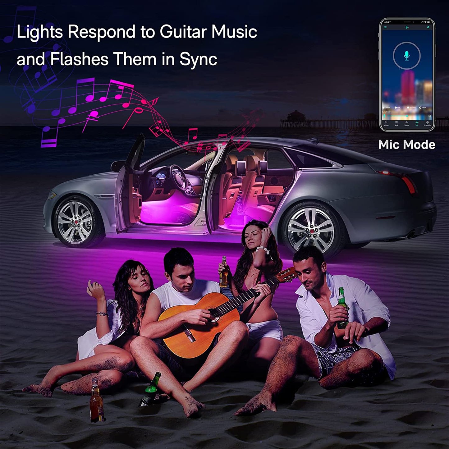 LED Lights for Car,  Car LED Lights Car Accessories, App Control with Remote, Music Sync Interior Car Lights, DIY, under Dash RGB LED Strip Lights for Car, Truck (12V DC with Charger).