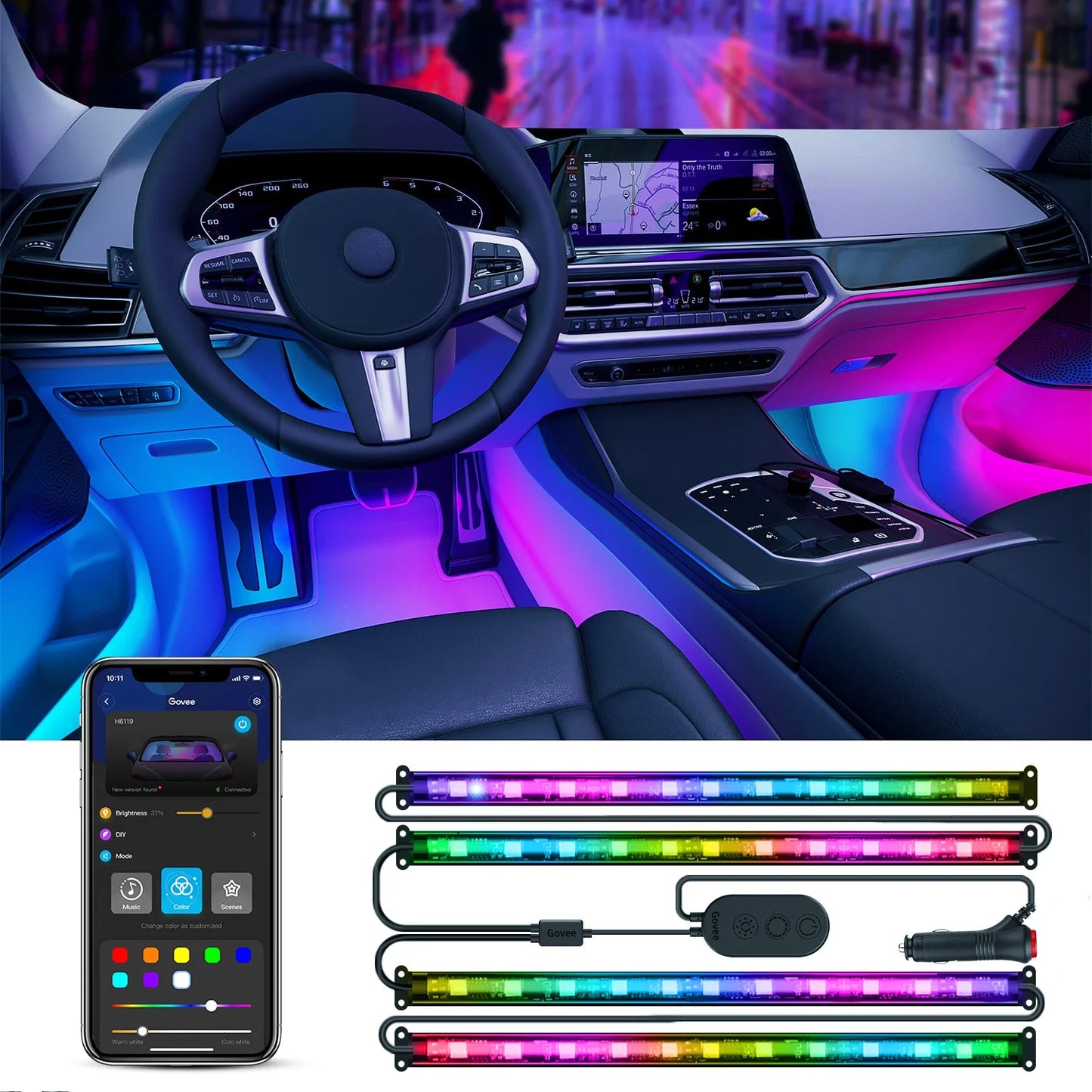 RGBIC LED Car Lights with App & Remote, Music Sync, 16M Colors, Silicone Coating.