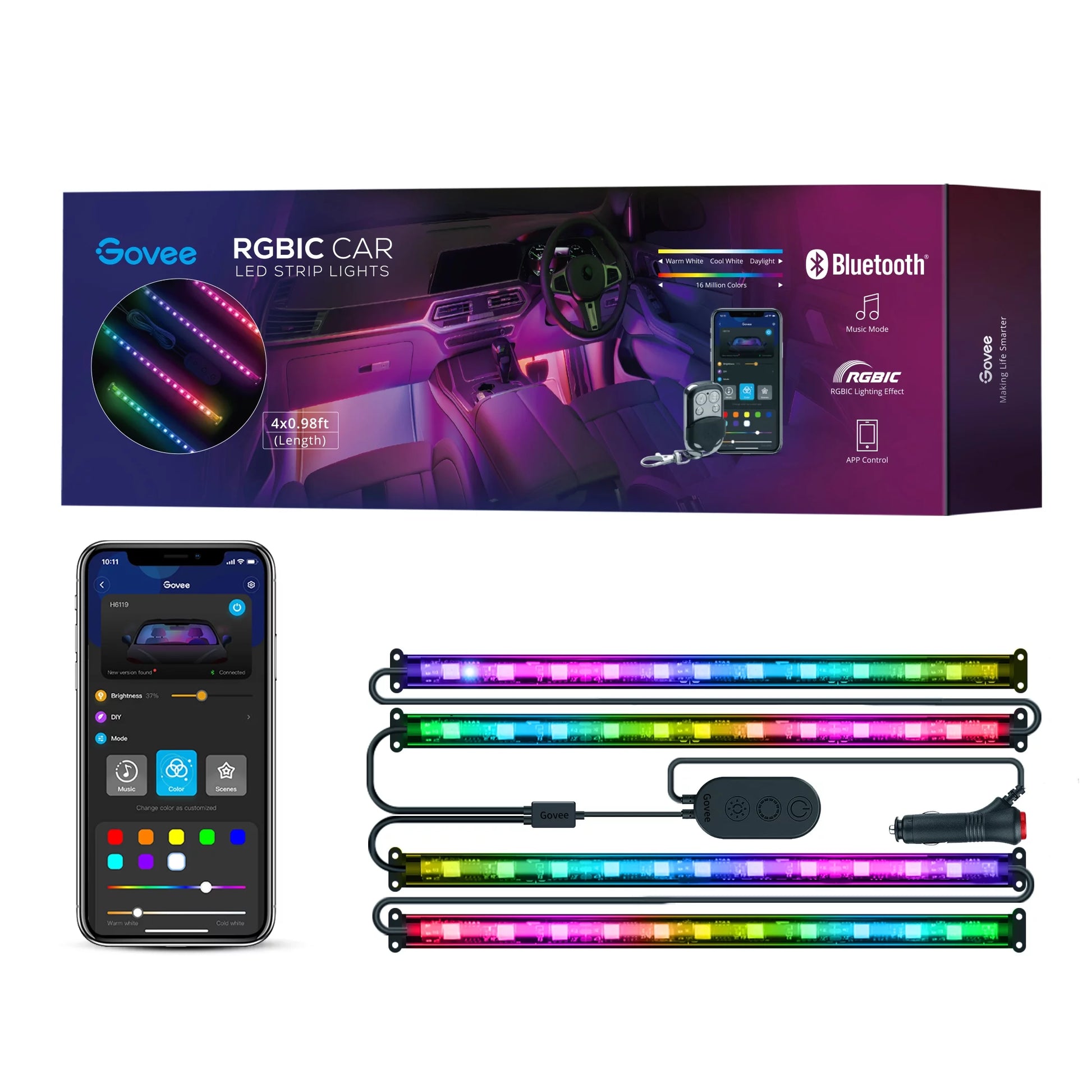 RGBIC LED Car Lights with App & Remote, Music Sync, 16M Colors, Silicone Coating.