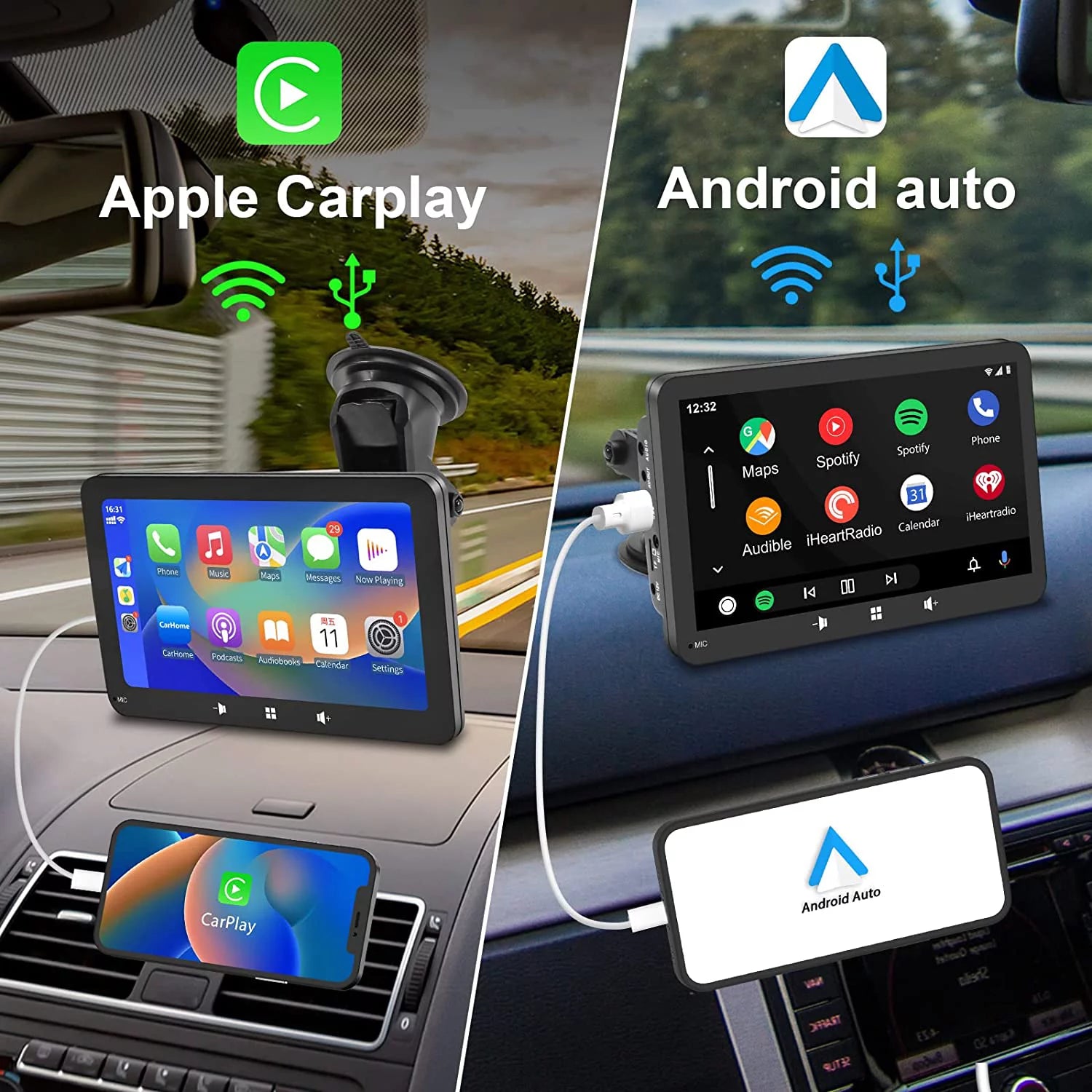 2024 Portable Car Radio with Apple CarPlay & Android Auto, 7" Wireless Stereo with Bluetooth, Touchscreen, and Windshield Mount.