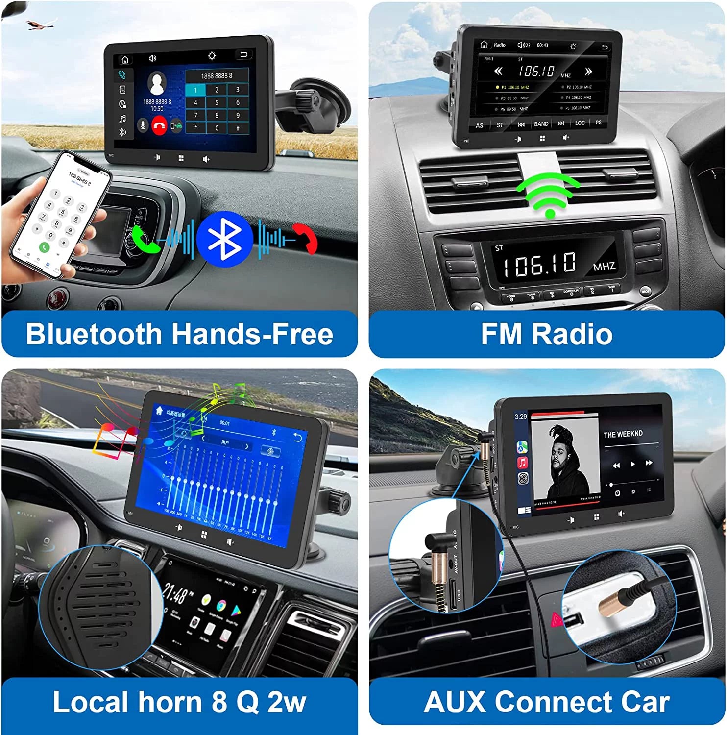 2024 Portable Car Radio with Apple CarPlay & Android Auto, 7" Wireless Stereo with Bluetooth, Touchscreen, and Windshield Mount.