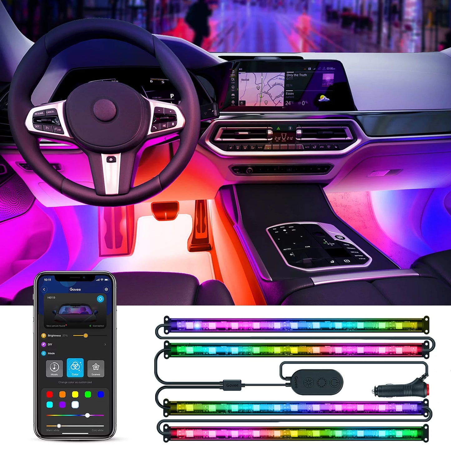 RGBIC LED Car Lights with App & Remote, Music Sync, 16M Colors, Silicone Coating.